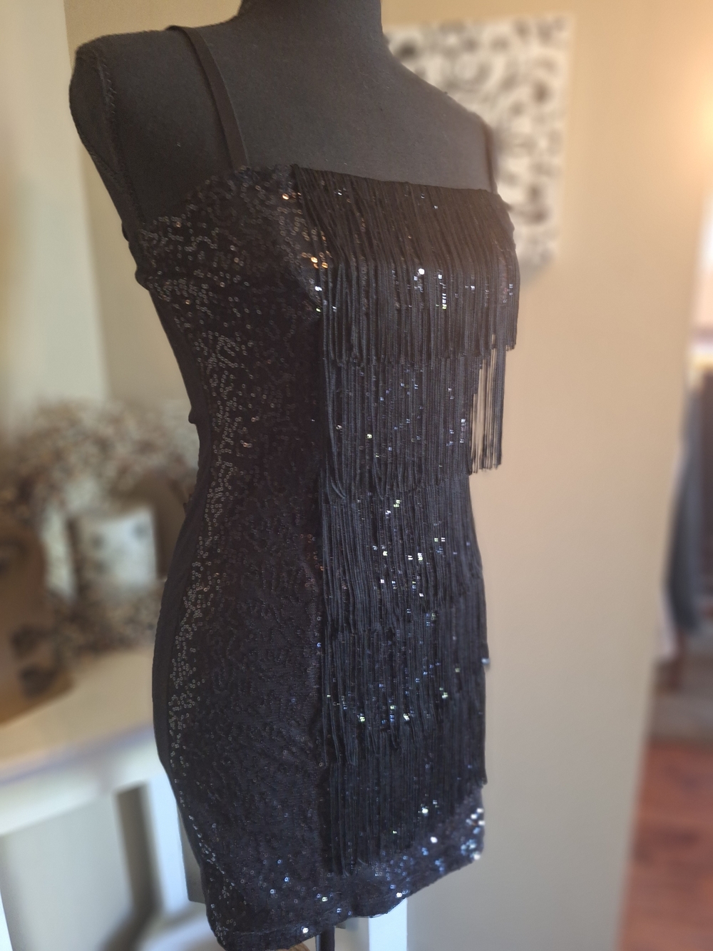 Vintage Wet Seal Flapper Black Sequin Fringe Dress Sz Small